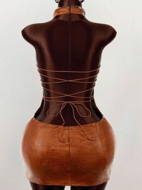 Brown Faux Leather Mini Dress with Lace-Up Back